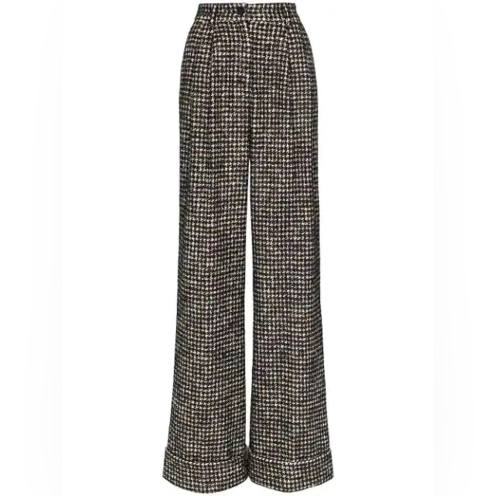 Dolce & Gabbana Houndstooth Tweed Pleated Wide Leg Wool Mohair Trouser Pants